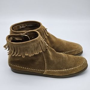 Aerosoles "Linbo" Tan Moccasin Suede Fringe Booties Boots, 8, Excellent